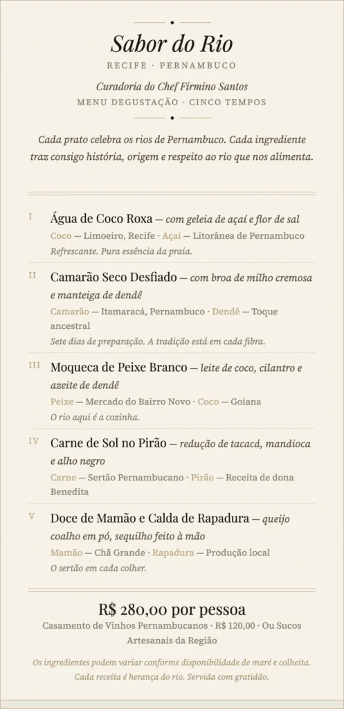 Restaurant tasting menu for “Sabor do Rio” by Chef Firmino Santos in Recife, in Portuguese.