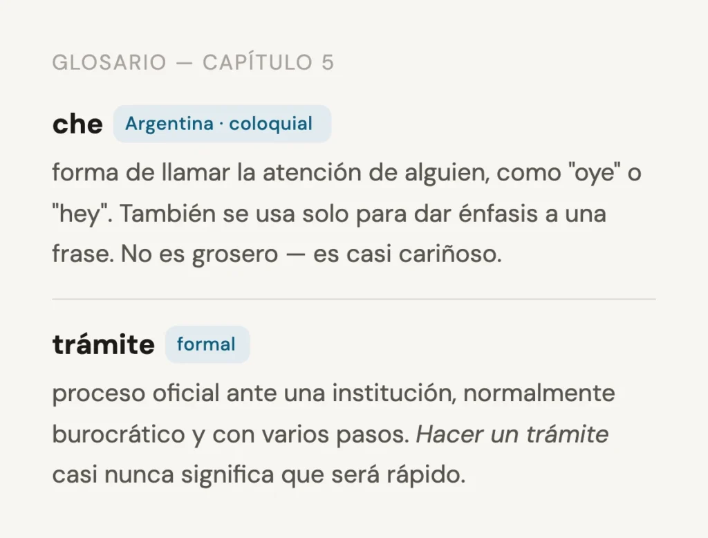 Spanish vocabulary glossary page defining “che” as an Argentine colloquialism and “trámite” as a formal term, entirely in Spanish.