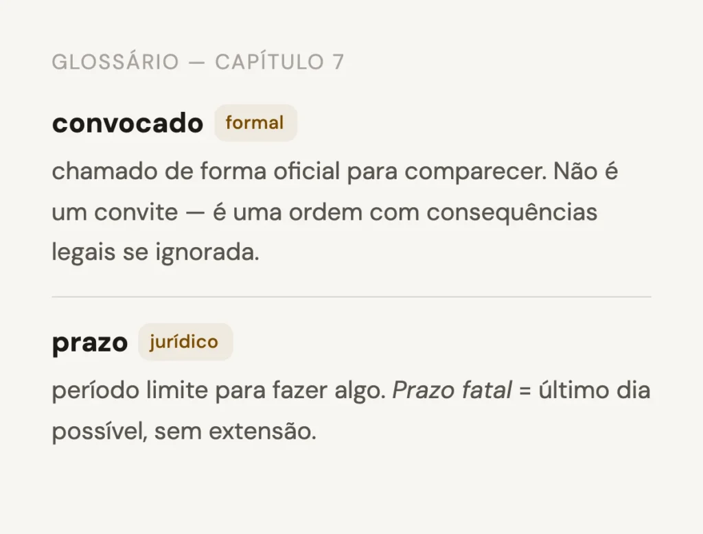 A glossary entry from Chapter 7 defining the Portuguese words 'convocado' and 'prazo' entirely in Portuguese, without English translation.