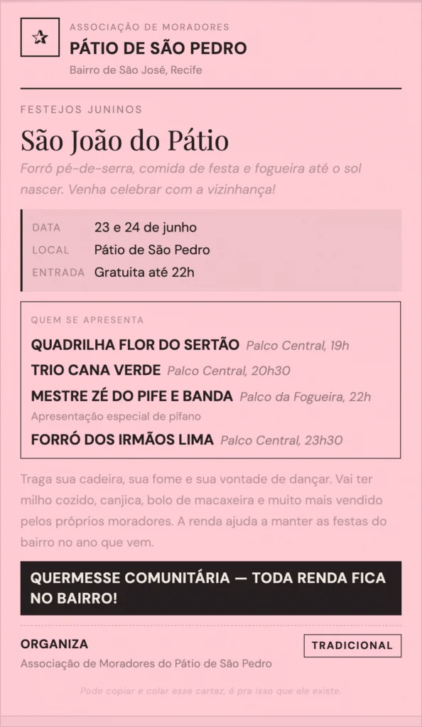Neighborhood flyer for the “São João do Pátio” festival in Recife, in Portuguese.