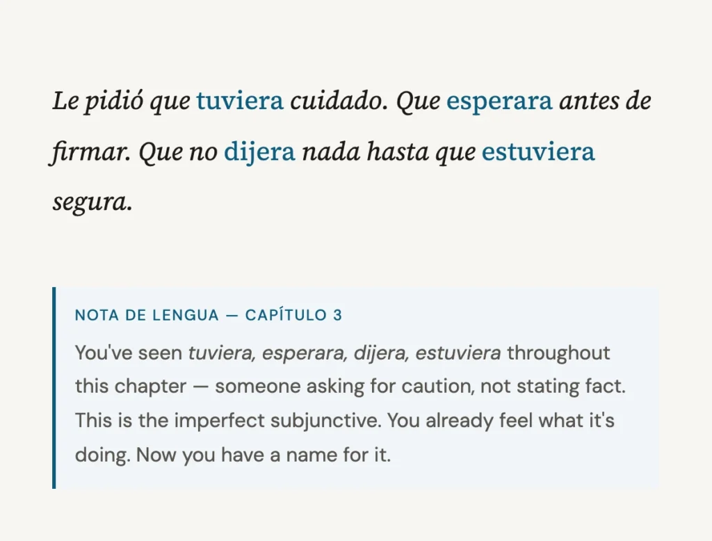 Spanish grammar note explaining the imperfect subjunctive (tuviera, esperara, dijera, estuviera) with an example sentence and English explanation.