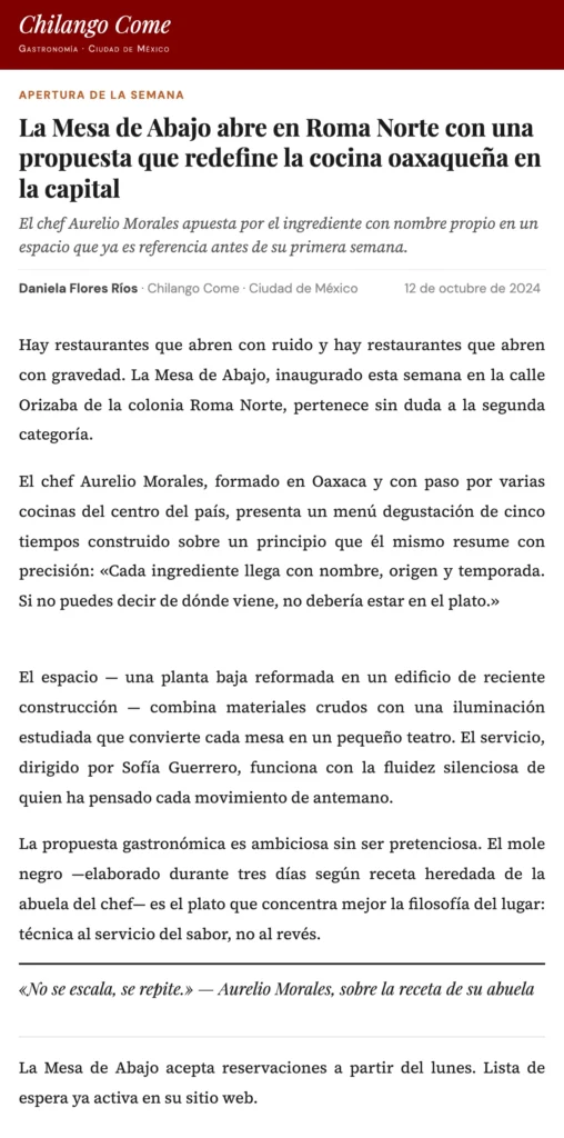 “Chilango Come” news review by Daniela Flores Ríos of chef Aurelio Morales's restaurant “La Mesa de Abajo,” in Spanish.