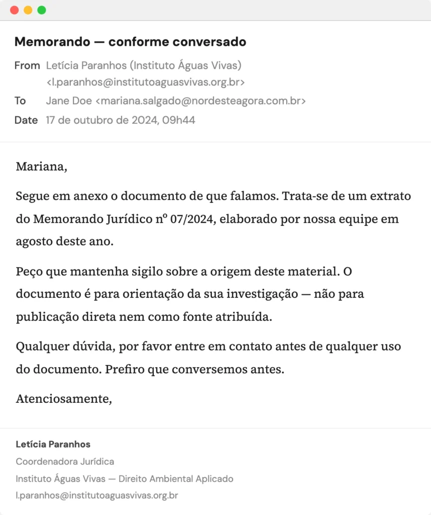 Confidential legal memo email from Instituto Águas Vivas legal coordinator Letícia Paranhos to Mariana Salgado, in Portuguese.