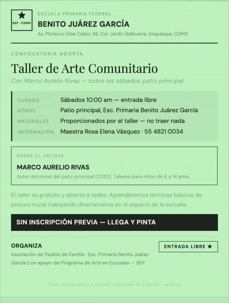 Neighborhood flyer for a community art workshop (“Taller de Arte Comunitario”) led by Marco Aurelio Rivas, in Spanish.
