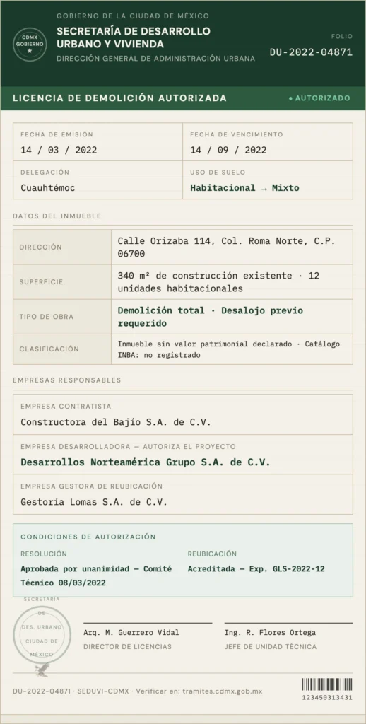 Official Mexico City government demolition permit document for Calle Orizaba 114 in Roma Norte, in Spanish.