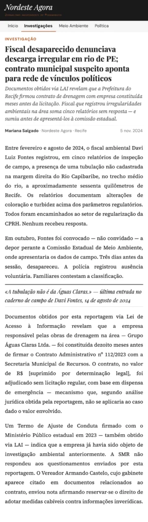 “Nordeste Agora” news article by Mariana Salgado about fiscal Davi Fontes investigating river pollution, in Portuguese.