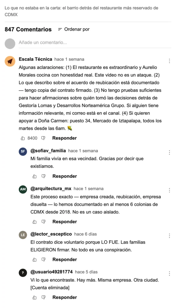 Social media comment thread with 847 comments responding to an exposé about the restaurant's role in neighborhood displacement, in Spanish.