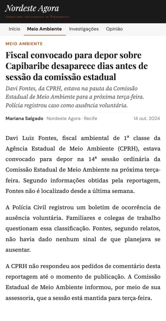 “Nordeste Agora” news article on fiscal Davi Fontes's disappearance before he was due to testify, in Portuguese.