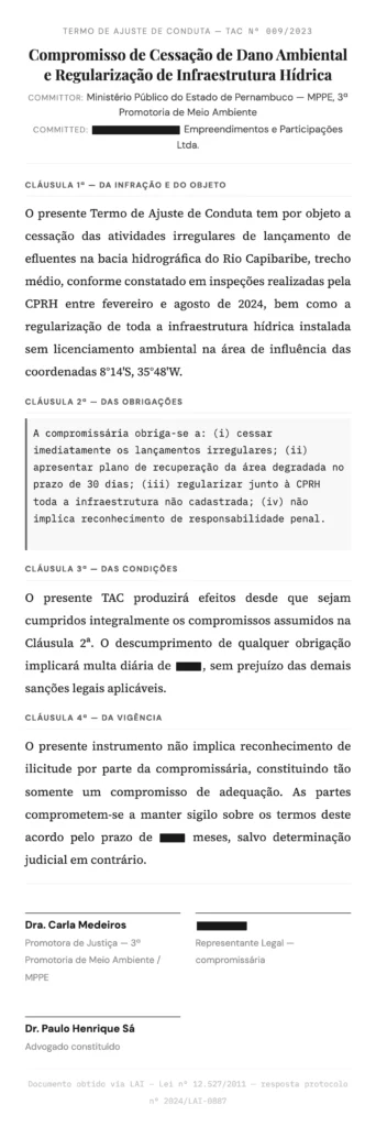 Redacted legal “Termo de Ajuste de Conduta” (TAC No. 009/2023) document regarding environmental damage to the Rio Capibaribe, in Portuguese.