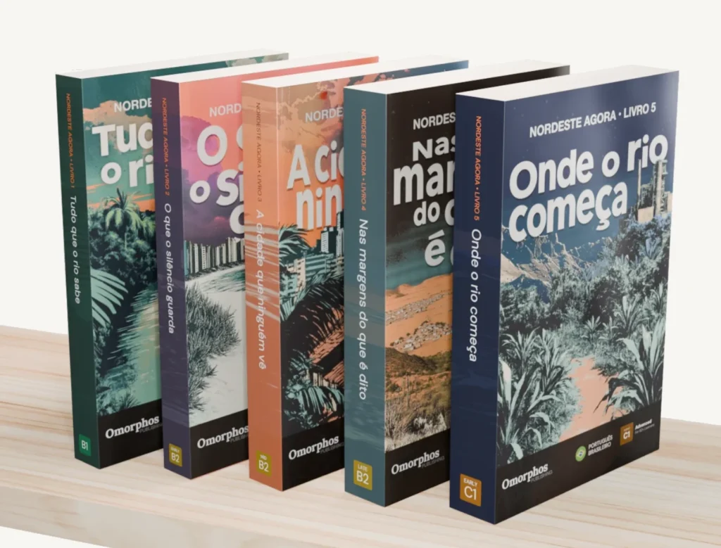 Five Nordeste Agora book covers side by side, labeled Livro 1 through 5, with CEFR levels rising from B1 to Early C1.