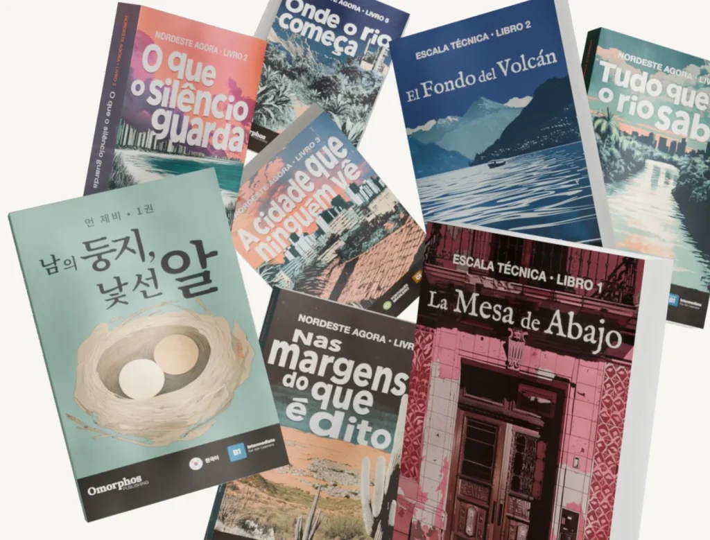 A scattered collage of Omorphos Publishing book covers from the Nordeste Agora, Escala Técnica, and 먼 제비 series.
