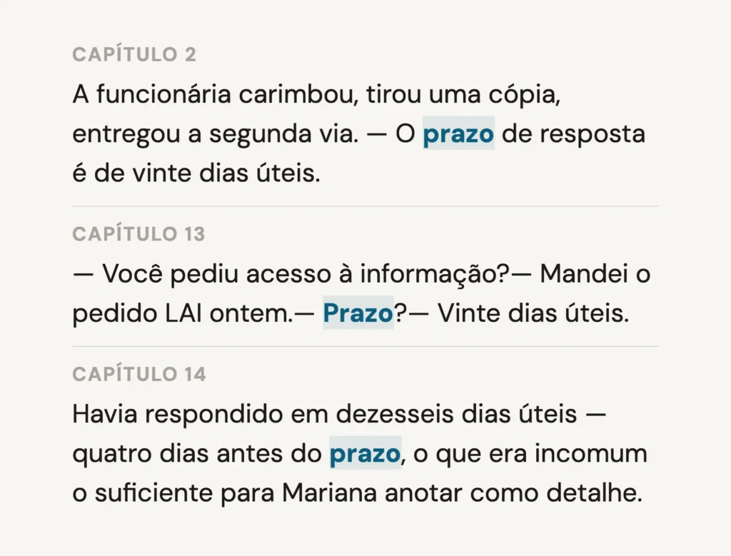 Three excerpts from an Omorphos Publishing book showing the Portuguese word 'prazo' recurring across Chapters 2, 13, and 14, each time highlighted in context.