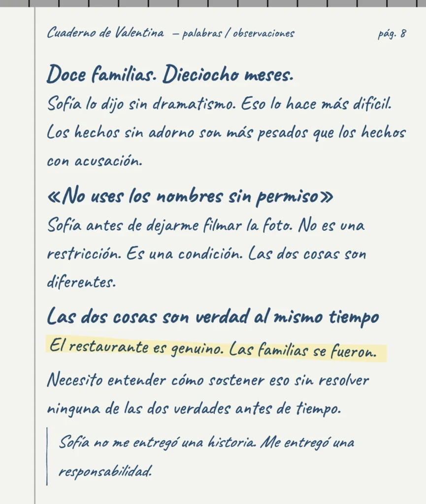 Handwritten reporter's notebook page, “Cuaderno de Valentina,” page 8, with notes on conflicting truths, in Spanish.