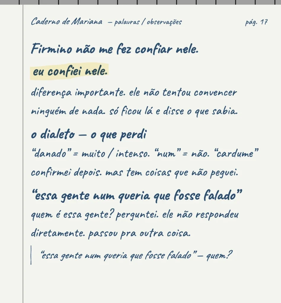 Handwritten reporter's notebook page, “Caderno de Mariana,” page 17, with notes on trust and an unnamed source, in Portuguese.